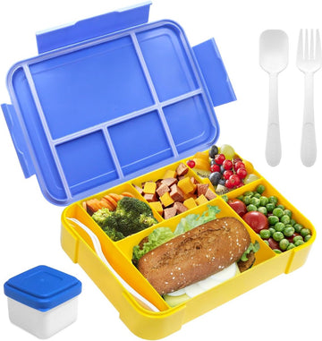 Lunchbox 1300 ml, lekvrij, broodtrommel voor kinderen met 5 vakken en bestekset, BPA-vrij, broodtrommel voor kinderen en volwassenen, voor magnetron, vaatwasser (blauw-geel)