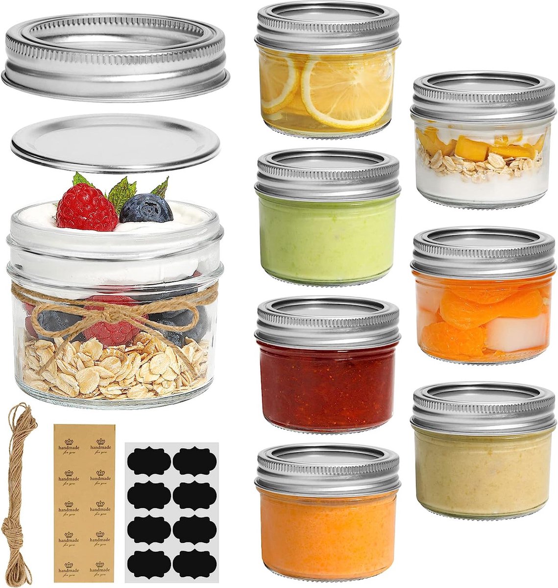 125 ml weckpotten met schroefdeksel en stickers, jampotten, set van 8, kleine weckpotten met deksel voor kruiden, zelfgemaakte gerechten, gelei, jam, yoghurtpotten, glazen pot met deksel