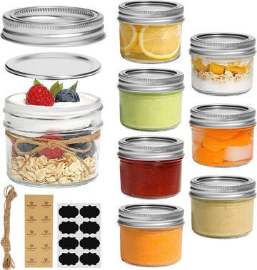 125 ml weckpotten met schroefdeksel en stickers, jampotten, set van 8, kleine weckpotten met deksel voor kruiden, zelfgemaakte gerechten, gelei, jam, yoghurtpotten, glazen pot met deksel