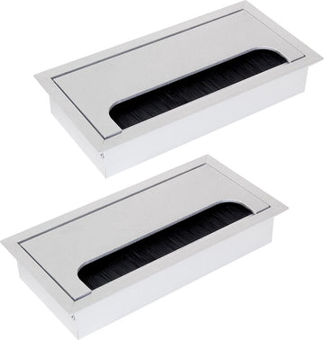 Eleganca Kabeldoorvoer – Kabelgat voor Bureau – Met Borstelafsluiting – 16x8cm - Kabel Organiser – Kabelpot – Kabelgoot Rechthoekig – Aluminium - Zilver - 2 Stuks