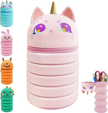 Etui klein, 2-in-1 Kawaii pennenetui voor kinderen en pennenhouder, telescopisch etui voor jongens, siliconen pennenetui voor meisjes en jongens, tieners, cadeau voor de eerste schooldag (ABC), roze