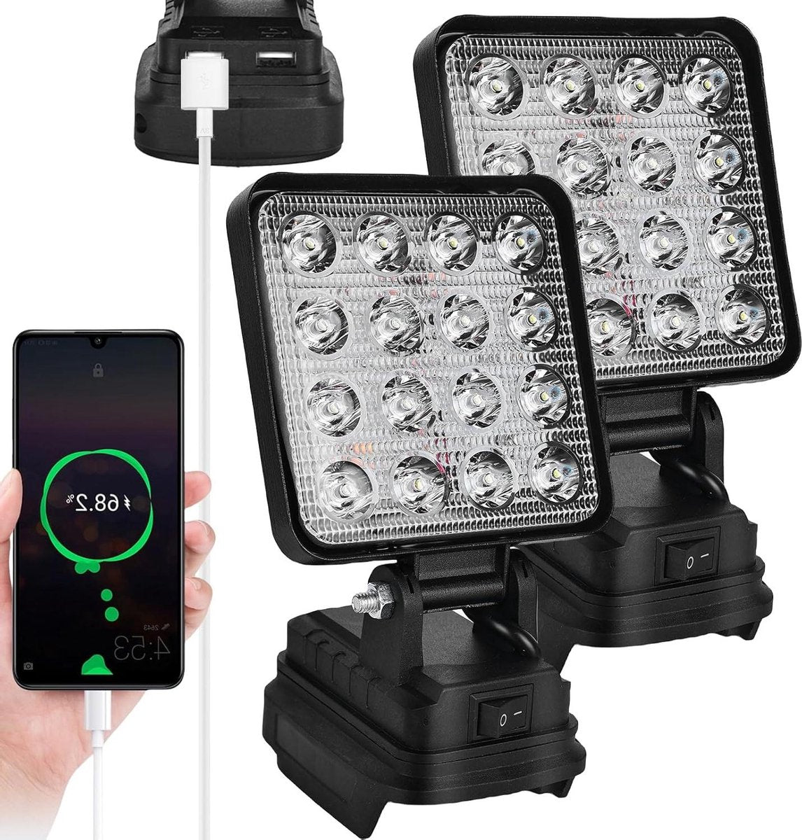 Led-werklamp 18 V Makita - 27 W led-bouwlamp draagbaar schijnwerper-accu USB-opladen (2 stuks)