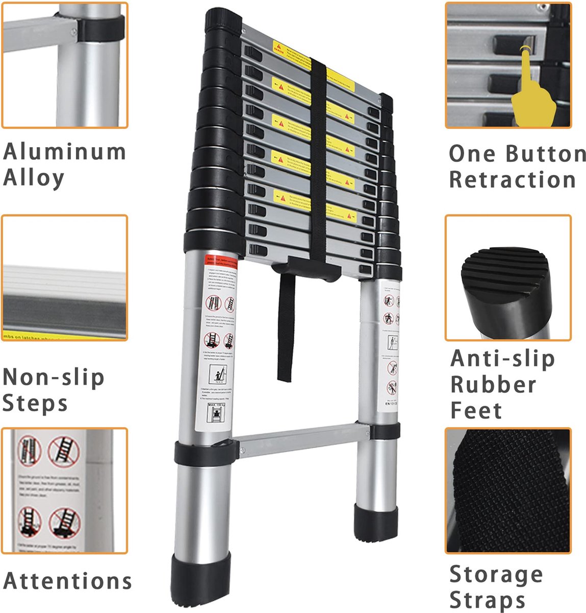 Telescopische Vouwladder - Telescopische Ladders - Soft Close - Werkhoogte 3,2 m - zilverachtig