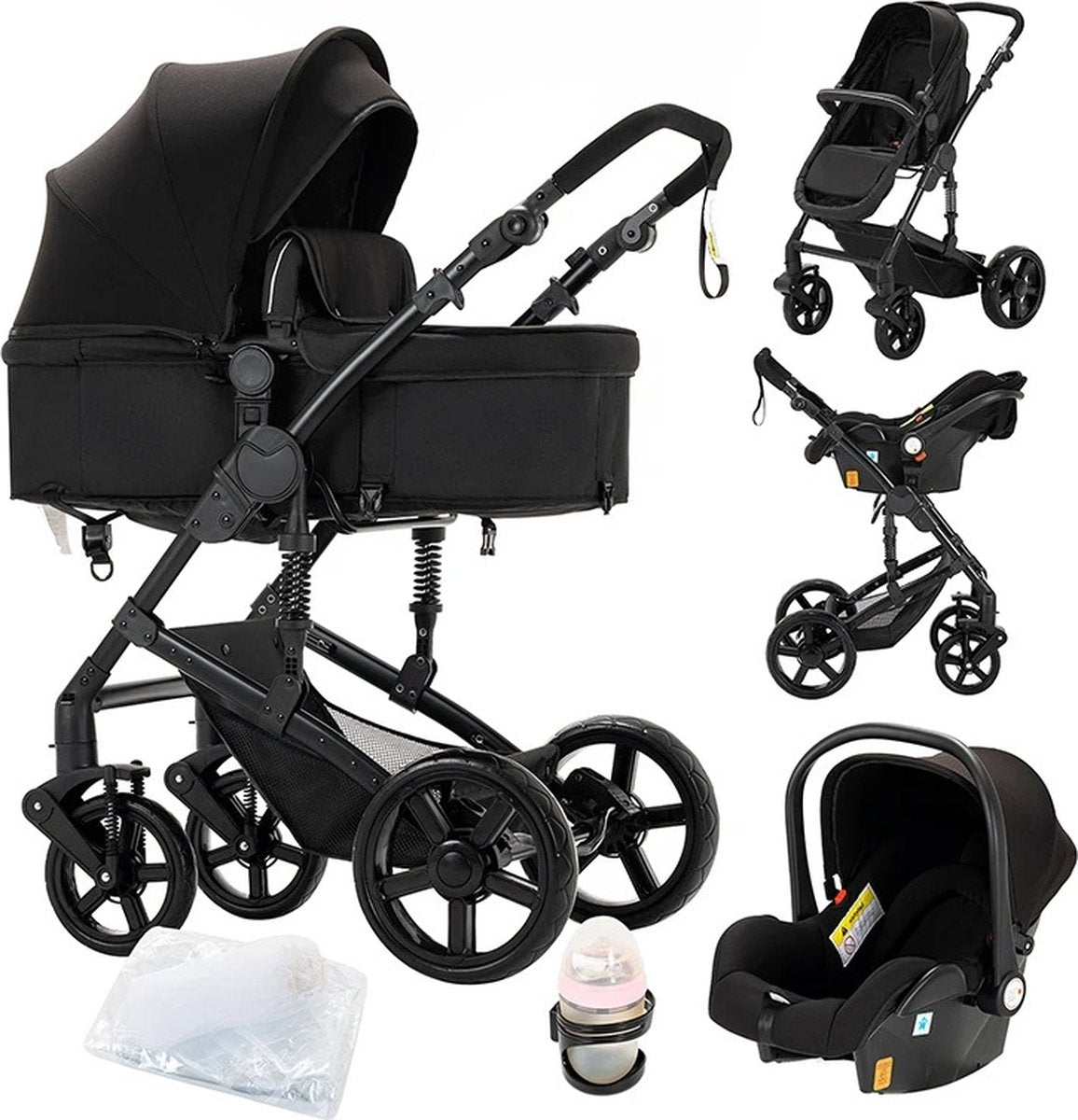 3 In 1 Kinderwagen - Luxe Buggy - Wandelwagen - Babywagen - Inclusief Maxi Cosi - Baby Stroller - Baby Autostoel - Inclusief Accessoires - Zwart - 42x45x103 cm.