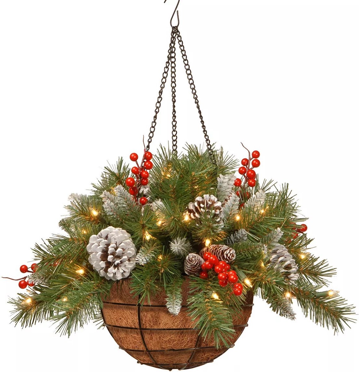Kunstbloemen Mand - Kerst Hangmand - Versierd met matte dennenappels, bessen - Met warm witte LED-verlichting - Geschikt voor kerstdecoratie