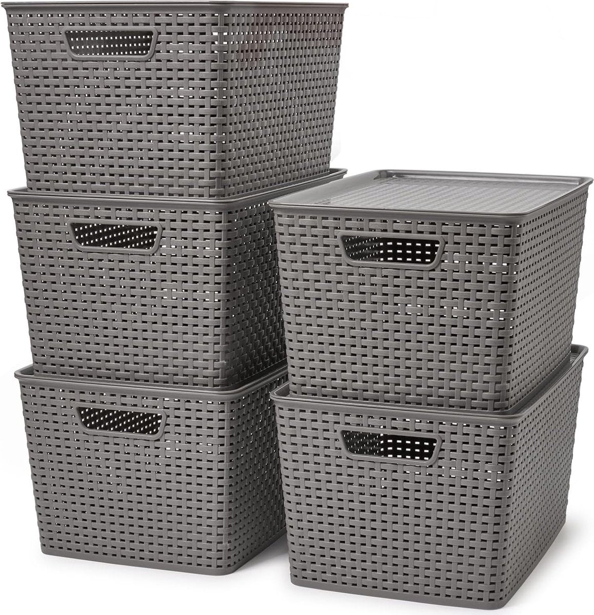 20 l opbergmand met deksel van kunststof, 5-delige set, mand, opbergkist in rotan-look voor keuken, kledingkast, kast
