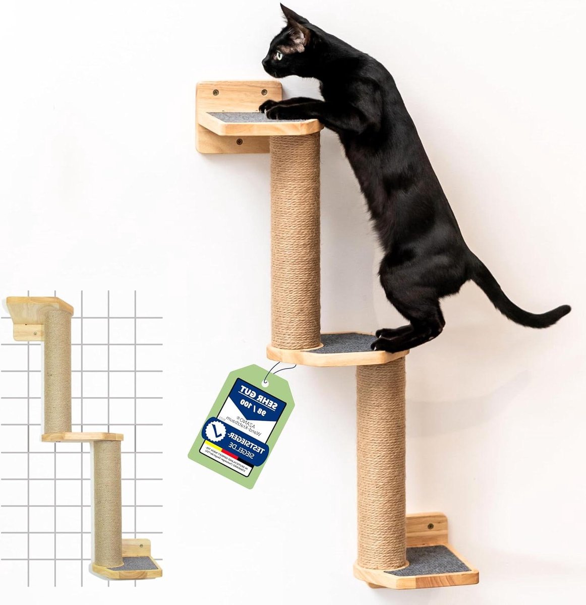 Klimwand voor katten - massief hout en jute - krabpaal muur - krabplank - kattentrap - kattenwand - wandkrabpaal - kattenmeubel - 3 opbouwopties - grijs