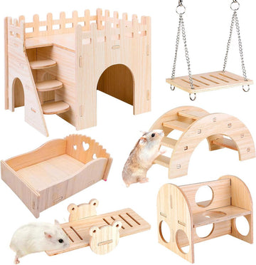 Speelgoed voor hamsters van hout, 6 stuks doe-het-zelf hamsterspeelgoed, hamsters, verstopplaats, huis, brug, wip, schommel, trainingsspeelgoed, hamsteraccessoires voor de kooi voor gerbils