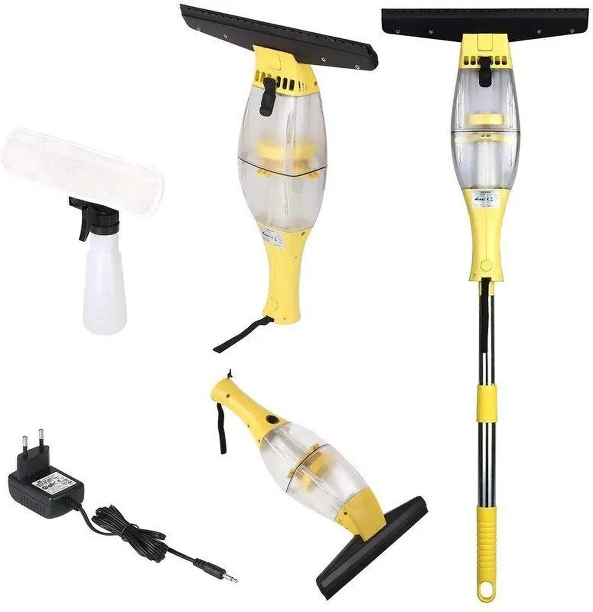 Nique Ruitenreiniger - Ramenwasser telescopisch - Ramenwisser - Ramenwasser met steel - Elektrische ruitenreiniger - Met spuitfles - 28 cm mes - Geschikt Voor tafel, tegels, spiegels en glas - Geel