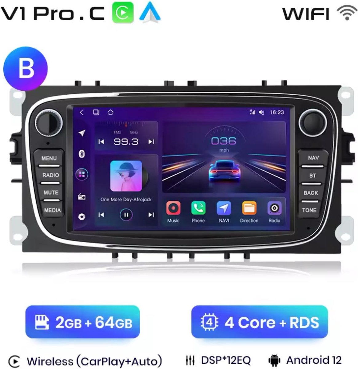 Android autoradio voor Ford Focus / S-Max/ Mondeo/ Galaxy / C-Max/ Kuga met 7 inch scherm / zwart