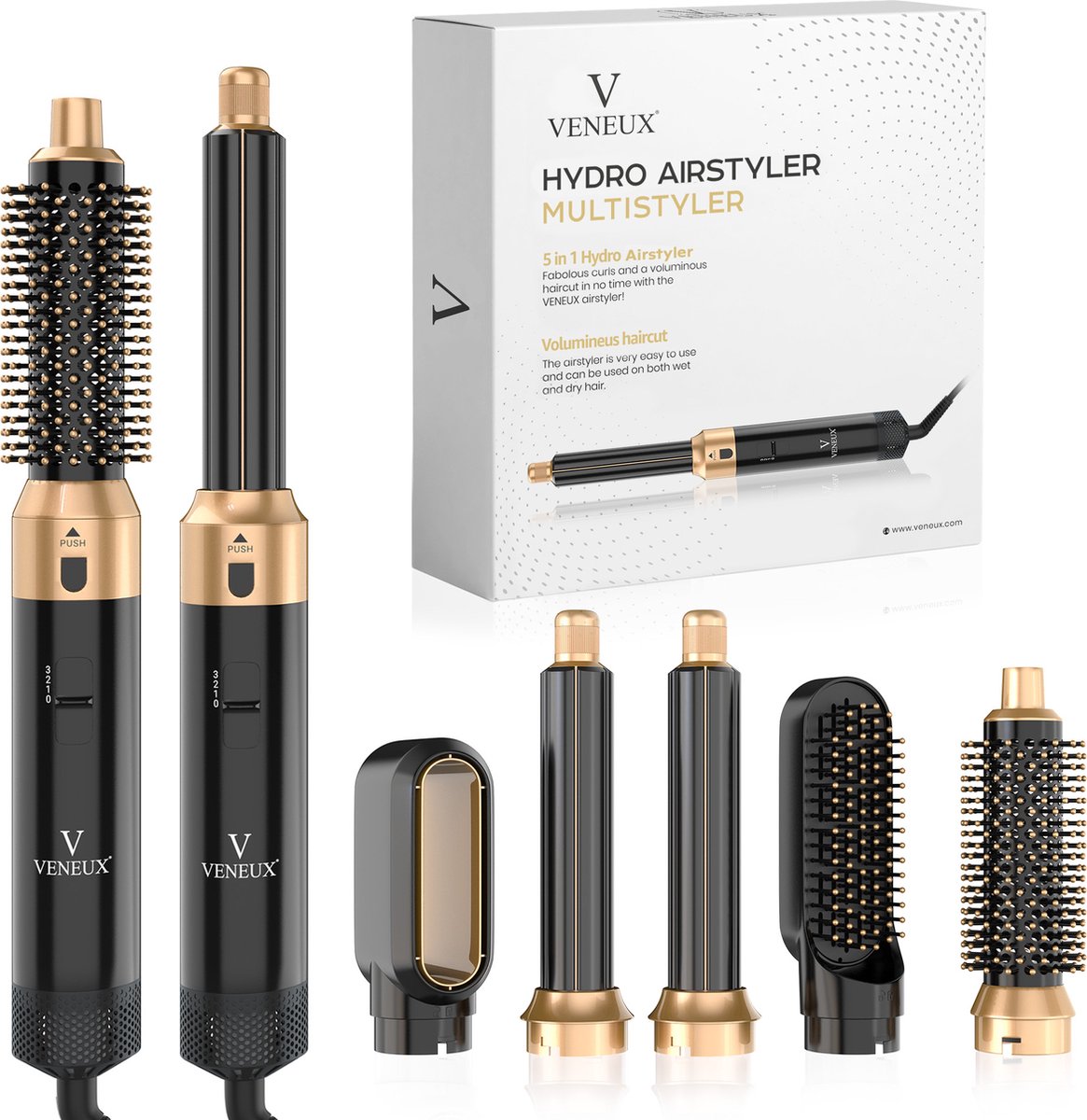 VENEUX® Föhnborstel - Airstyler - Krulborstel - Krultangen - 5 in 1 Multistyler – Zwart Met Goud