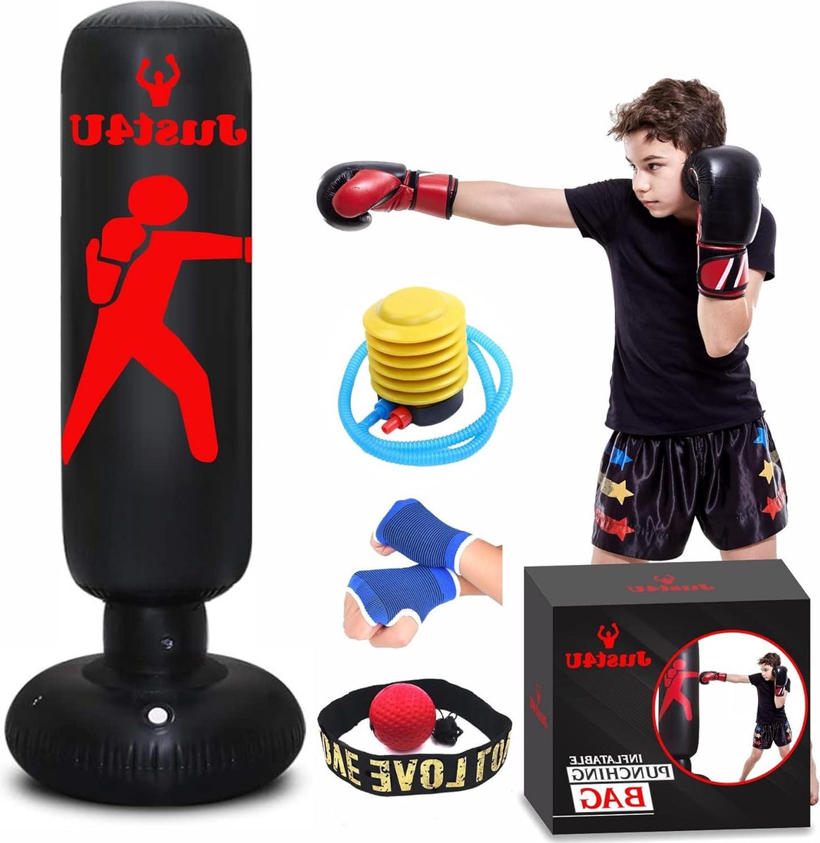 Free Standing Inflatable Punching Bag with Reflex Ball - Hand Wraps & Air Pump Included - Immediate Bounce Back - Indoor & Outdoor Martial Arts Practice music boxing machine