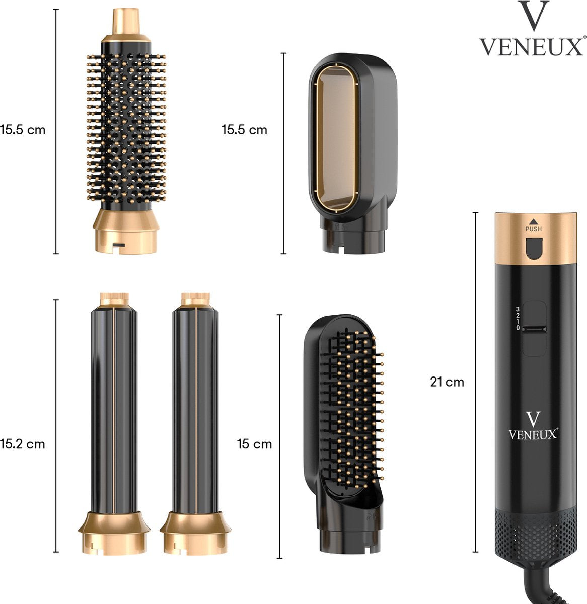 VENEUX® Föhnborstel - Airstyler - Krulborstel - Krultangen - 5 in 1 Multistyler - Met Opbergcase - Zwart Met Goud