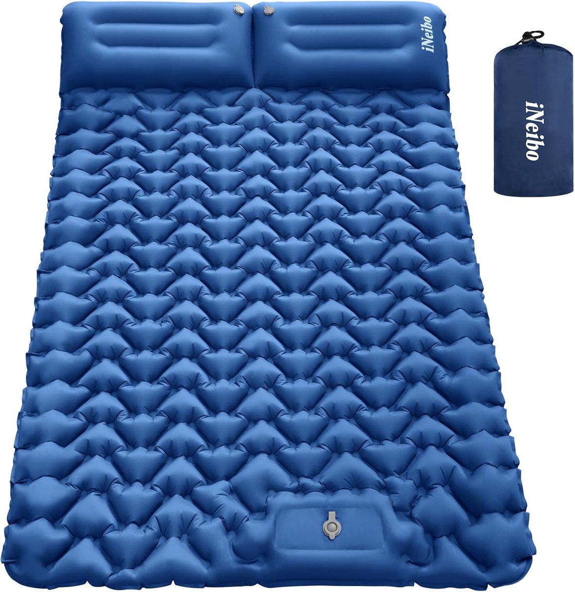 Zelfopblazende slaapmat, 2 personen, luchtmatras voor buiten, zelfopblazend met voetperspomp en kussen, campingmatras voor 2 personen, voor buiten, wandelen, strand en kamperen, blauw
