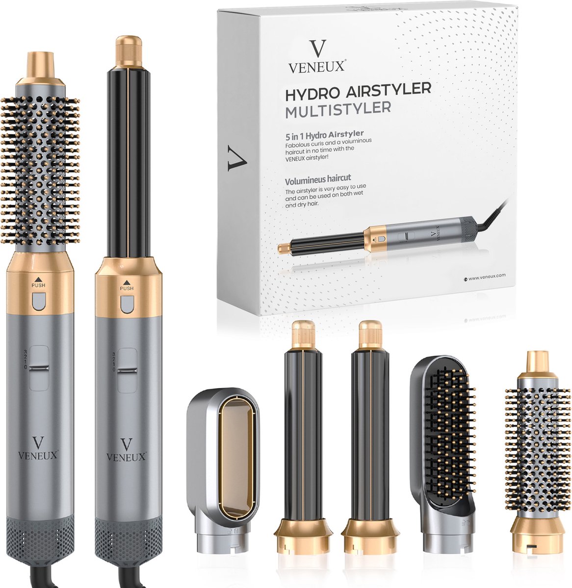 VENEUX® Föhnborstel - Airstyler - Krulborstel - Krultangen - 5 in 1 Multistyler – Grijs Met Goud