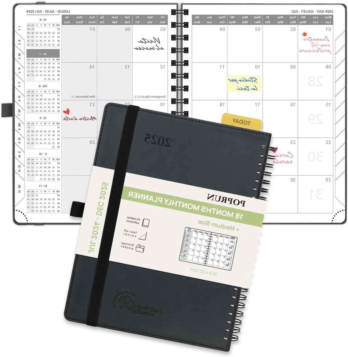 Agenda Planner 2024 2025 - Grote Maat 22 x 165 cm - 18 Maanden - Liniaal Bladwijzer - Zachte Kaft - 100 GSM Papier - Zwart Maandplanner