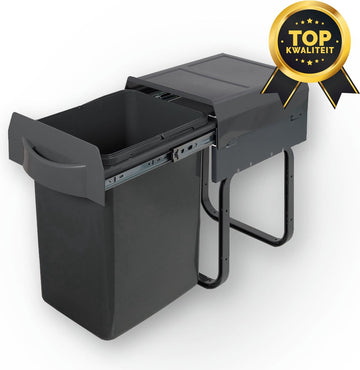 Eleganca Uittrekbare Afvalbak 20 Liter – Inbouw Afvalemmer - Inbouwvuilbak - Geschikt voor Deurbreedte vanaf 30 cm en inbouwdiepte 38 cm – Antraciet
