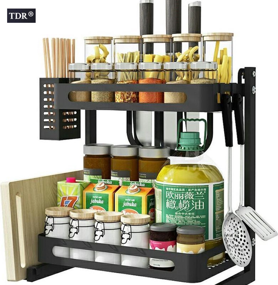 TDR - Multifunctioneel Staande Keukenrek, kruidenrek, of multifunctioneel organiser - 2 laags - Zwart