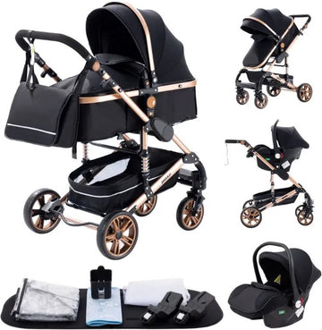 ByLoesje® Kinderwagen 3 In 1 Luxe Draagbare Kinderwagen - Zwart - Verstelbaar - Vouwbaar - Adapters - Regenhoes - Bekerhouder - Muggennet - Luiertas - Zomermat