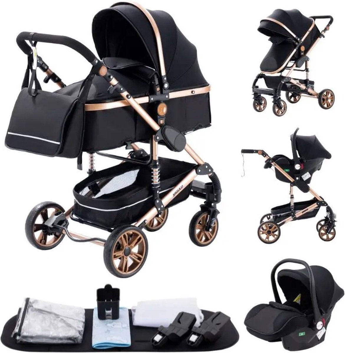 ByLoesje® Kinderwagen 3 In 1 Luxe Draagbare Kinderwagen - Zwart - Verstelbaar - Vouwbaar - Adapters - Regenhoes - Bekerhouder - Muggennet - Luiertas - Zomermat