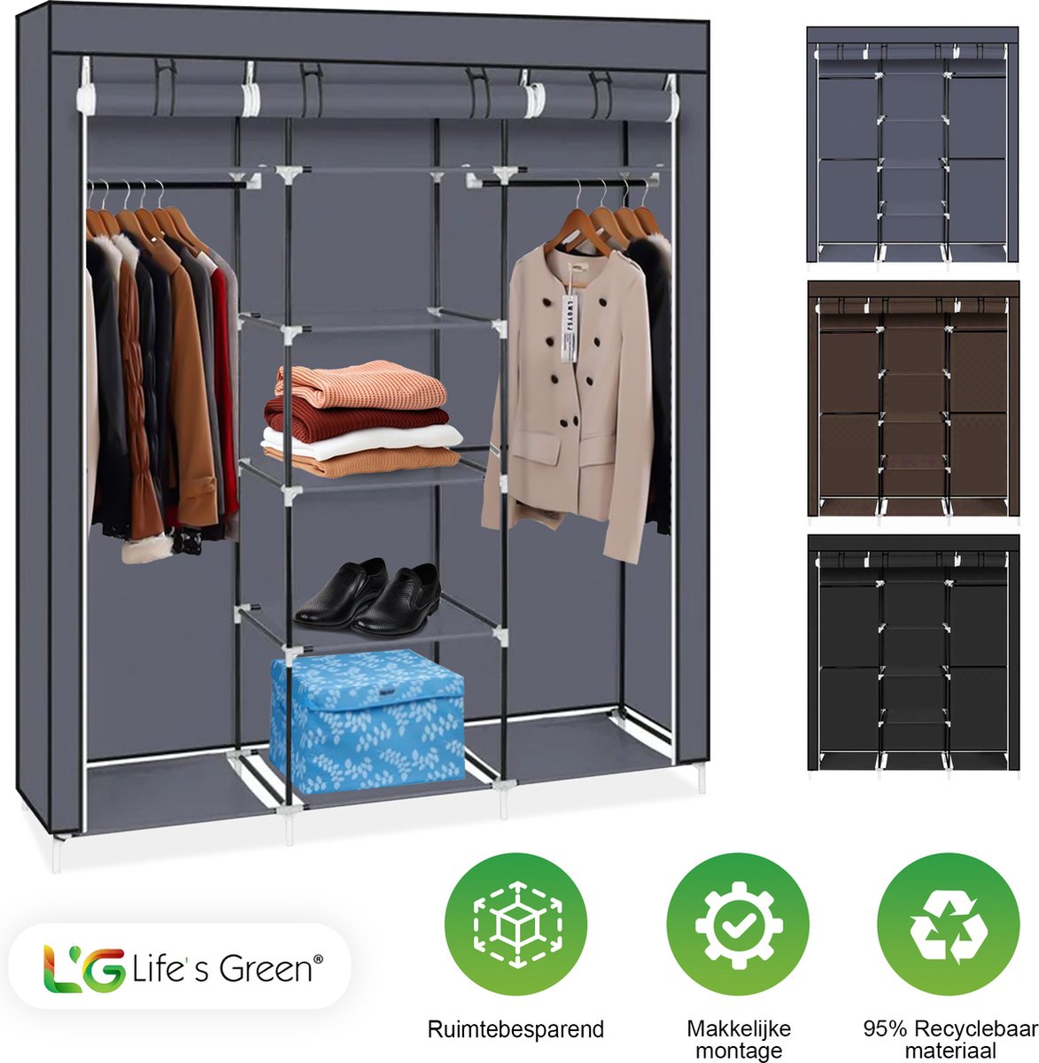 Life's Green® XXL Opvouwbare Kledingkast - Campingkast - Opvouwbare - Opbergkast - Stoffen - Grijs