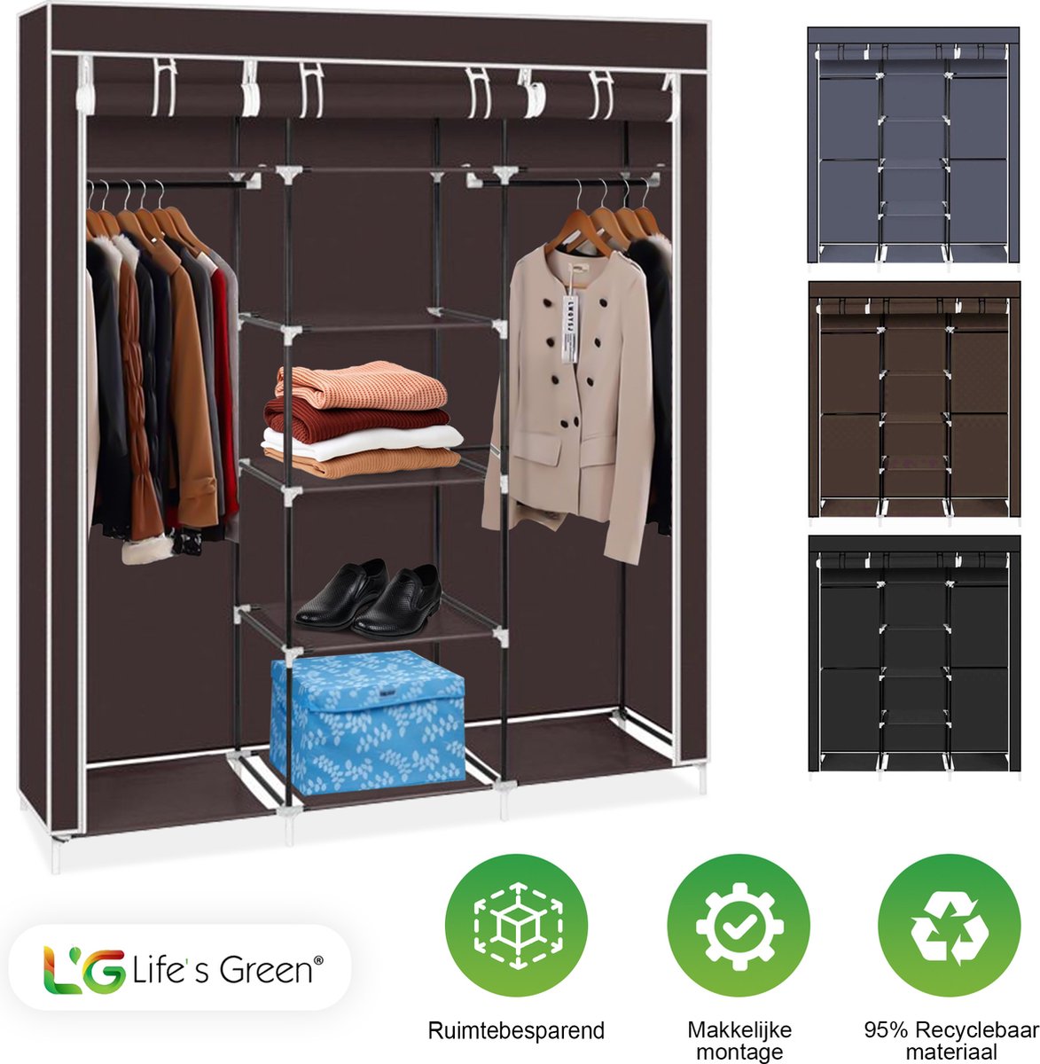Life's Green® XXL Opvouwbare Kledingkast - Campingkast - Opvouwbare - Opbergkast - Stoffen - Bruin