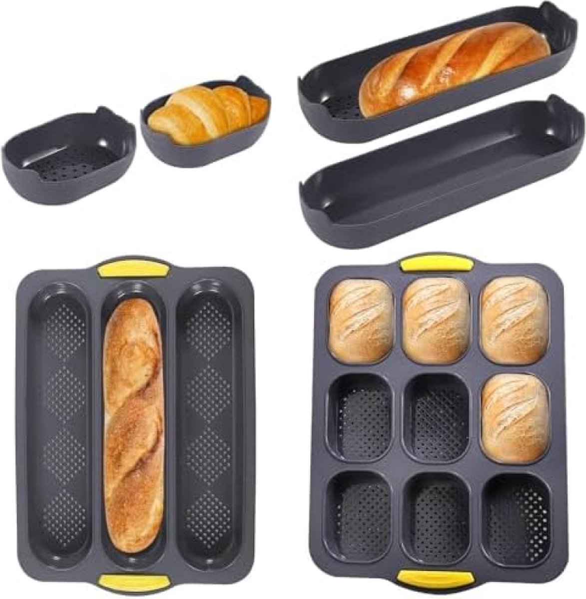 Set van 6 siliconen bakvormen, 3 rasters mini-bakplaat, 9 rasters siliconen broodblik voor bakken, non-stick geperforeerd, voor het bakken van broden, Franse brood, broodstengel, broodjes