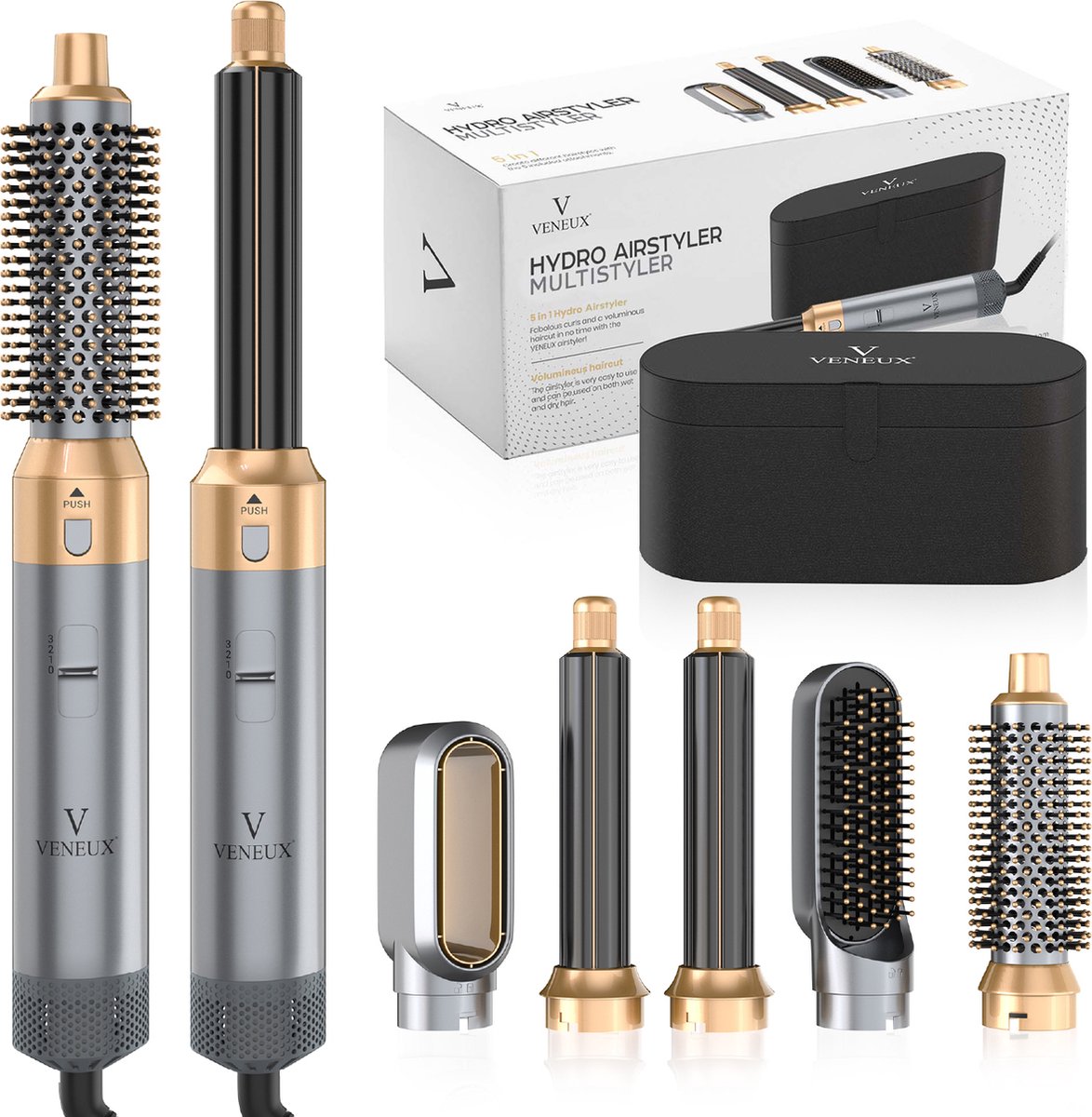 VENEUX® Föhnborstel - Airstyler - Krulborstel - Krultangen - 5 in 1 Multistyler - Met Opbergcase - Grijs Met Goud