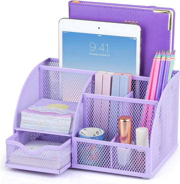Kinderbureau-organizer voor meisjes, pennenhouder, tafelorganizer met pennenplateaus en lade van metaal, net voor kantoor en school, paars