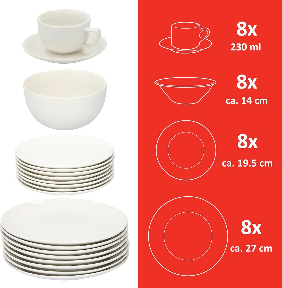 Servies - servies 40 stuks - 8 personen - porselein - inclusief borden, dessertborden, kommen, schotels en kopjes - wit