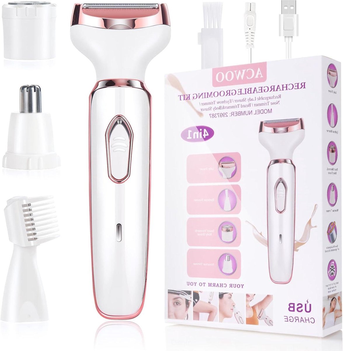Ladyshave draadloos 4-in-1 elektrisch scheerapparaat voor dames - oplaadbaar - pijnloos - Bikinitrimmer - Nat en droog - ontharen voor gezicht - Benen - Oksel - neus en wenkbrauw scheerapparaat vrouw