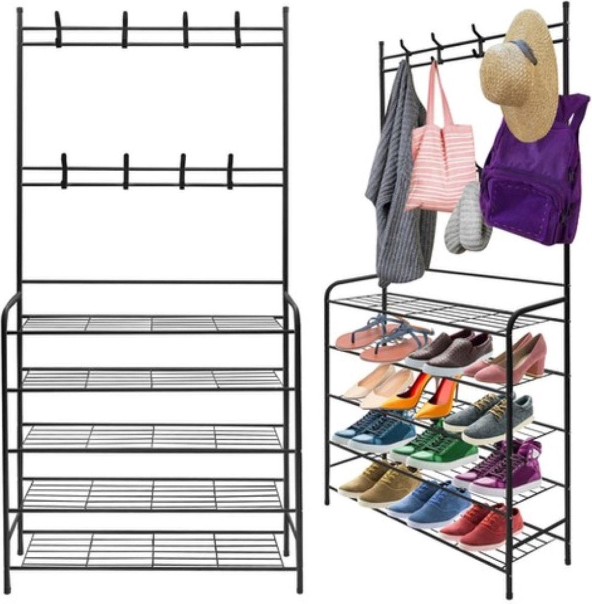 Eleganca Kledingrek met planken – 170 x 79 x 25 cm – Schoenenrek – Garderoberek – Ruimtebesparend – Stevig en stabiel – 2-in-1 hangerrek - 5 planken - Metaal - Zwart