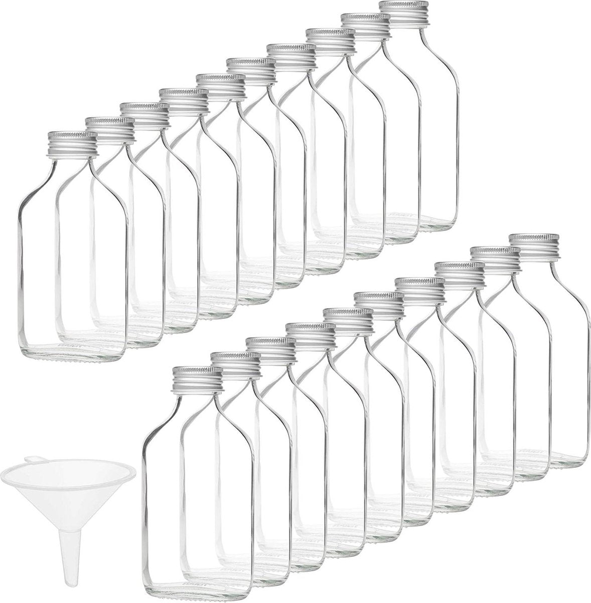 Mini 100ml Glazen Flask Likeur Flessen - 20 Pak, Zilveren Doppen & Trechter - Lege Miniatuur Flessen Voor Huwelijk & Feesten - Alcohol Schnaps Whisky Shots & Drankjes