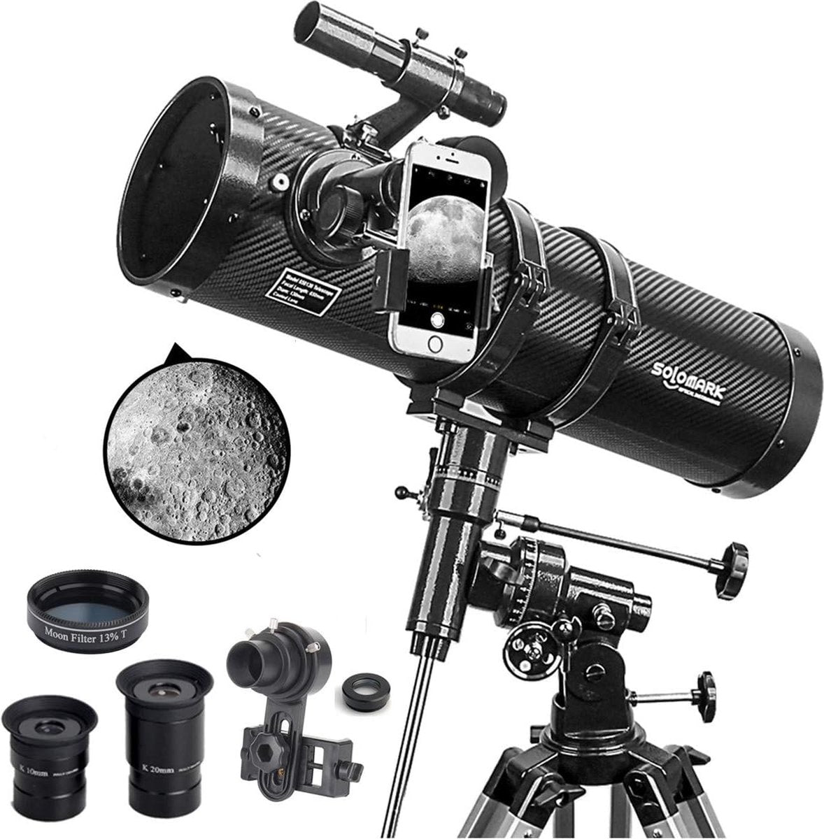 Telescoop - Sterrenkijker - Voor Volwassenen, Kinderen en Beginners - 1.5X Barlowlens - 13% T Maanfilter - Inclusief Telefoon Adapter voor Planeten en Maan Observatie