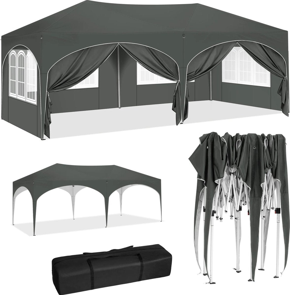 vanBoni - Partytenten - Partytent opvouwbaar - Partytent easy up met zijwanden - Waterdicht en Weersbestendig - 3x6 m - Grijs