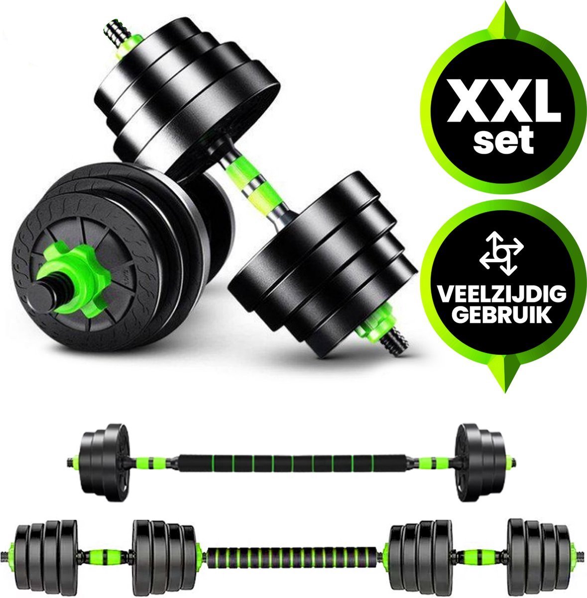 Viper Sports Verstelbare Dumbbell Set tot 30kg – Halterset – 2-in-1 Gewichten – Gebruiksvriendelijke Fitness Stang – Home Gym – Krachttraining – Dumbells - Groen