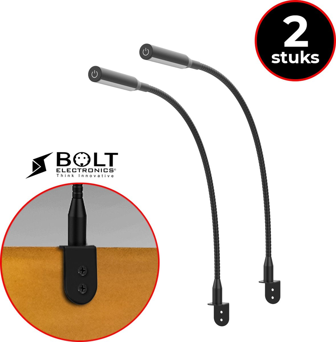 Bolt Electronics® LED bedlampjes hoofdbord - leeslamp boxspring - zwart - flexibele arm - dimbaar - leeslamp - 2 stuks - 50 x 5 x 2 cm - 2700K