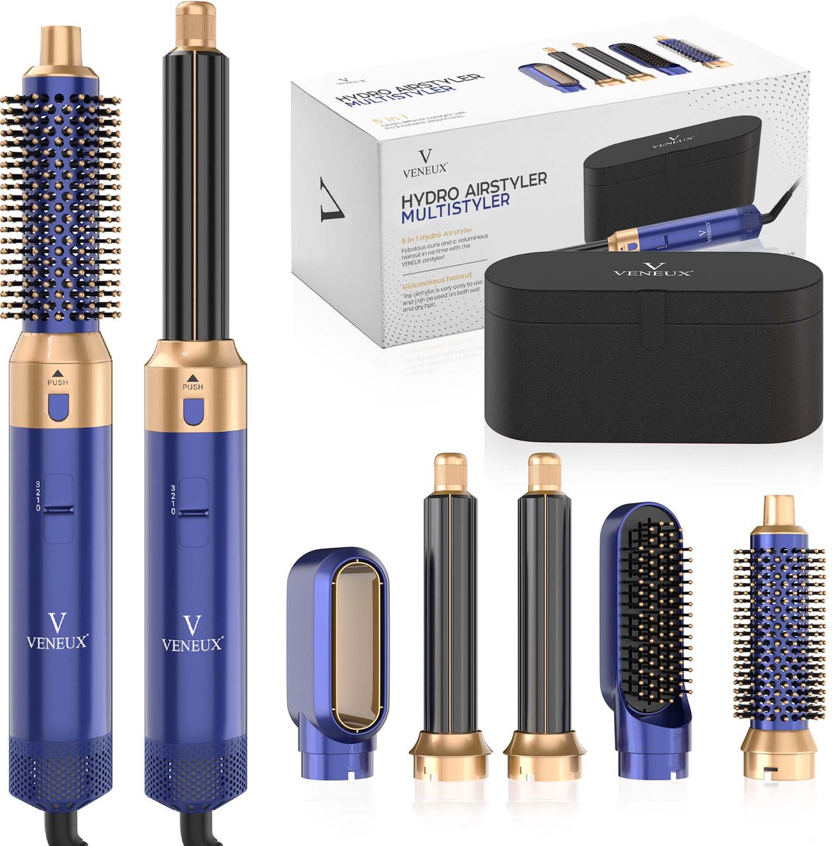 VENEUX® Föhnborstel - Airstyler - Krulborstel - Krultangen - 5 in 1 Multistyler - Met Opbergcase - Blauw Met Goud