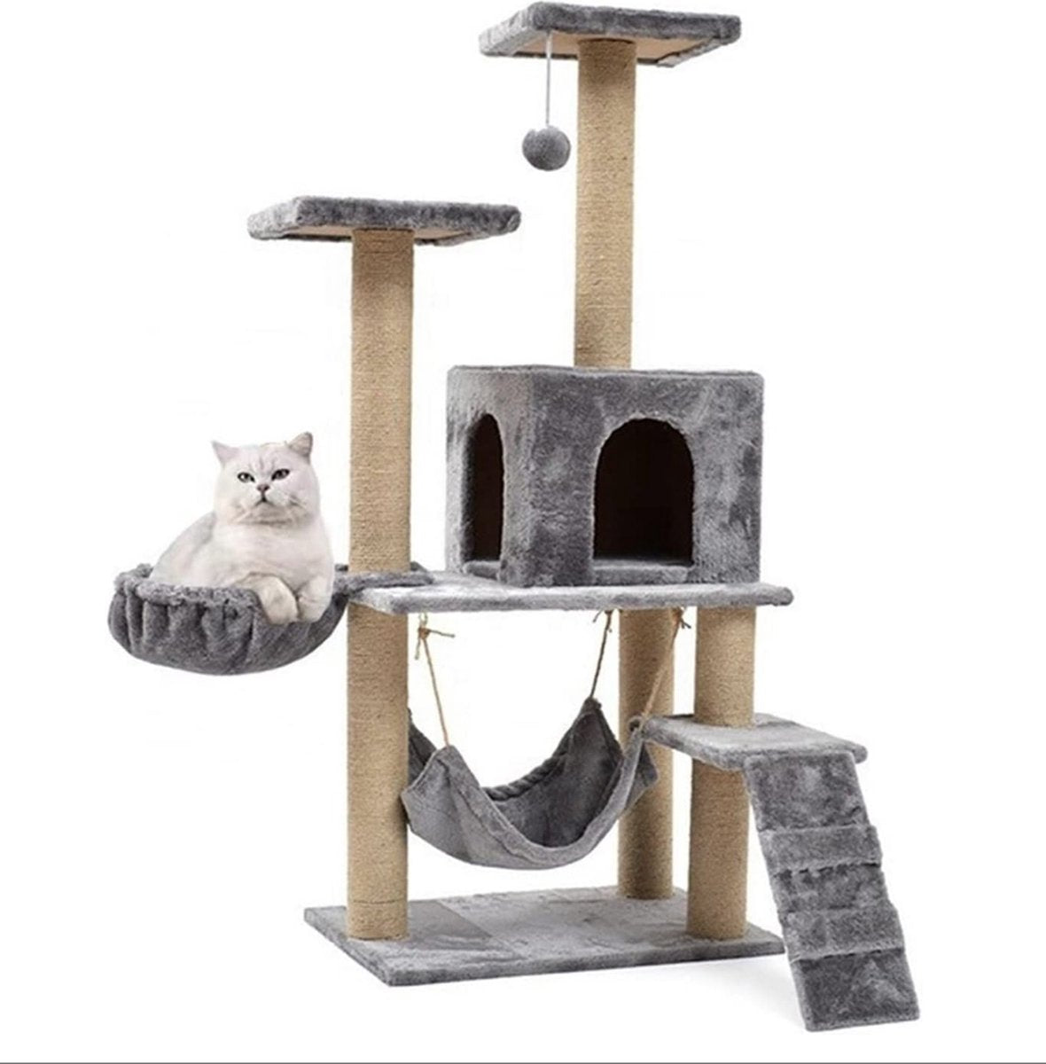 Krabpaal Adventure 140cm grijs - Cats&Co Krabpaal - Krabpaal voor Grote Katten - Kattenboom met Hangmat - Kattenpaal