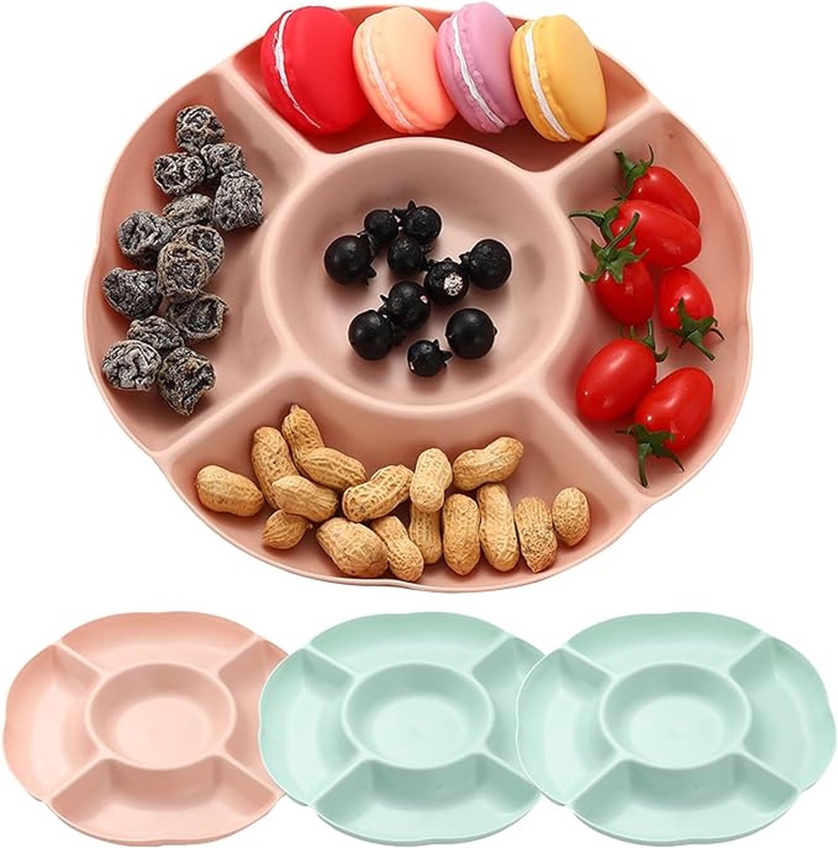 Snackborden met 5 Vakken - 4 Stuks Snackschalen - Plastic Snackborden - Fruitborden van Kunststof - Herbruikbaar - Duurzaam voor Noten - Desserts (Roze - Groen)