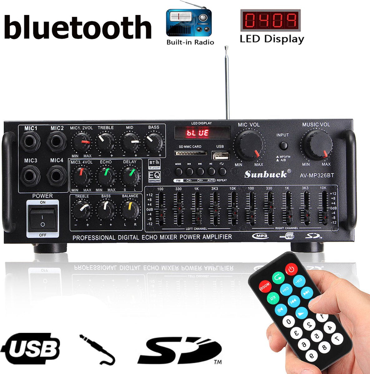 220V-240V Bluetooth Stereo Autoversterkers-800W Auto Speakers-met Afstandsbediening-Zwart