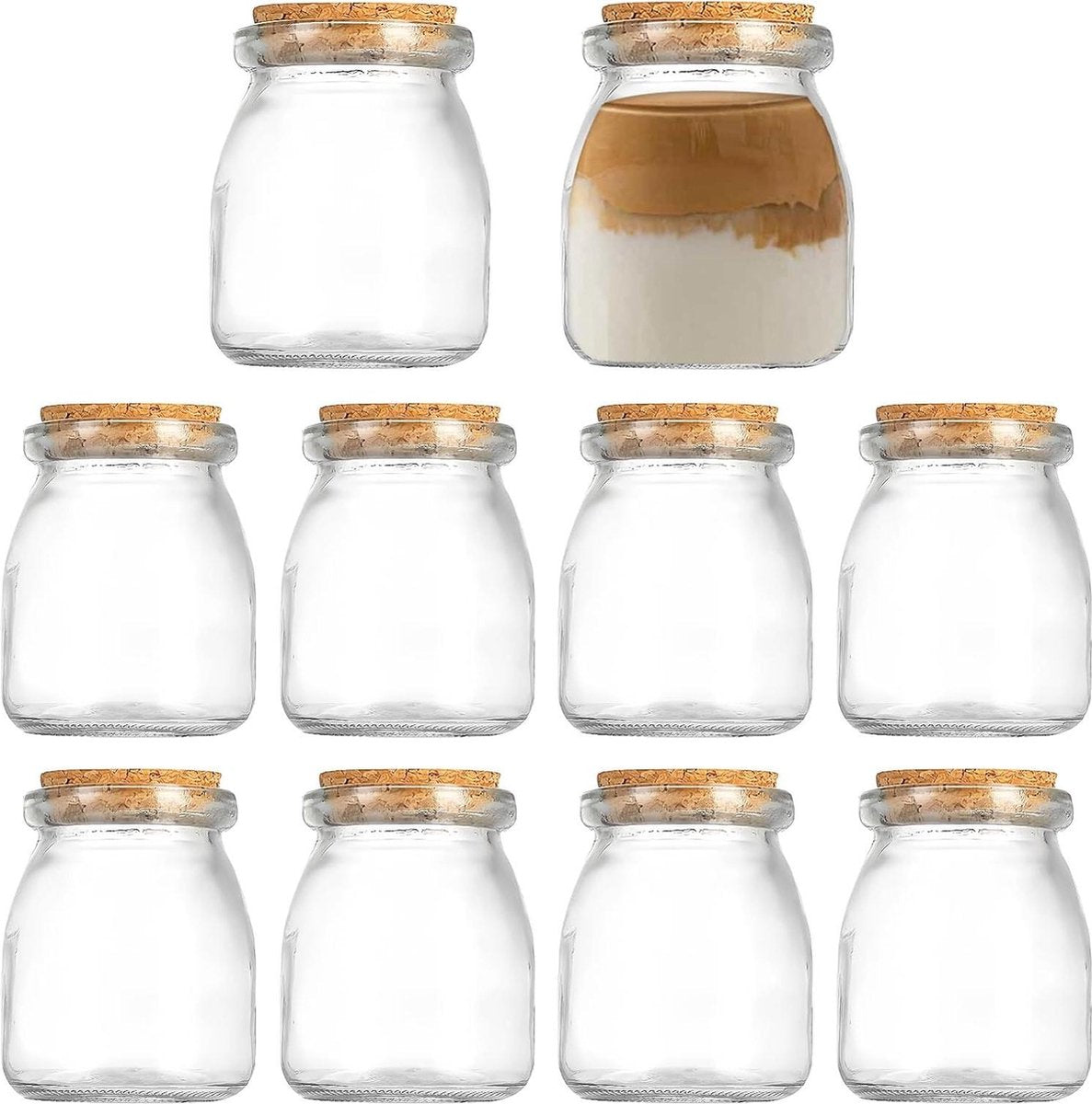 Glazen flessen met kurk - 10 stuks - 200 ml - kleine inmaakpotten - jampotten - kruidenpotjes - rond glazen pot - melkglazen flessen - puddingglazen - voorraadpotten voor keuken - feest jampotjes met deksel