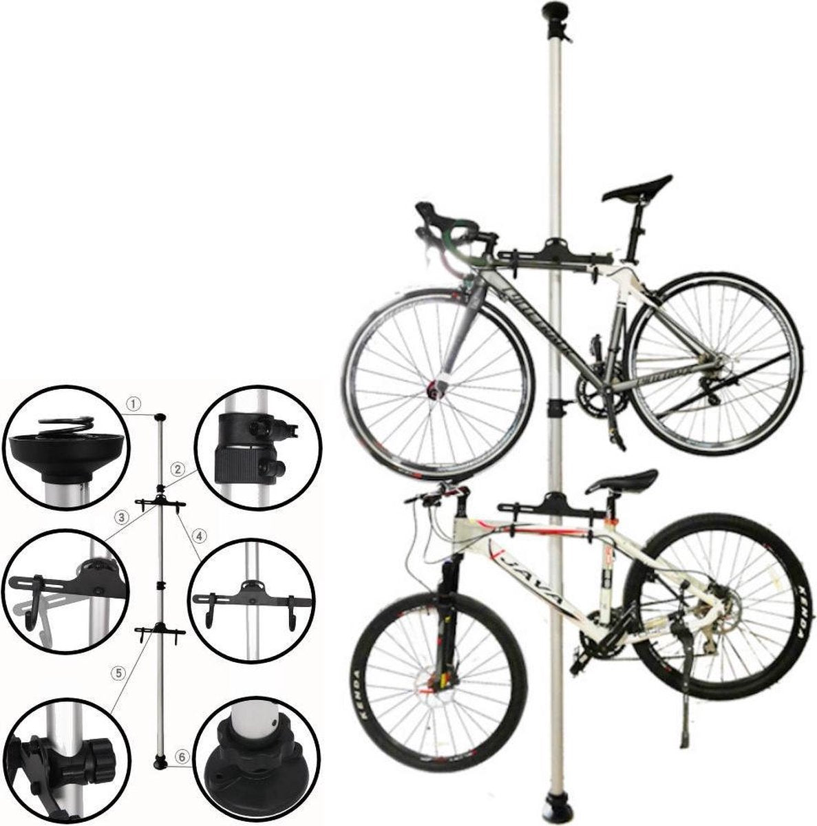 PRO Plafond Fiets ophangsysteem voor 2 Fietsen - Staand fietsenrek 2 fietsen - Fietsenhouder met Telescoop opbergstang