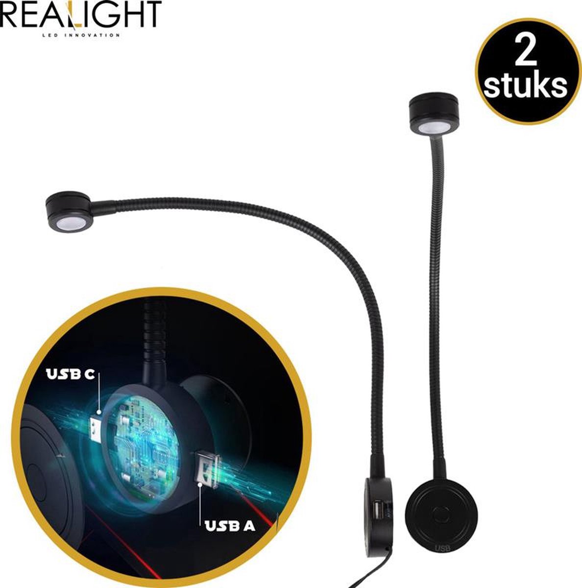 Realight Leeslampje voor in Bed met Dimfunctie - 44 cm - LED bedlampje voor Boek - Hoofdbord nachtlampjes Slaapkamer - 1 USB-poort & 1 USB-C poort - 360° Draaibaar - Zwart - 2 Stuks