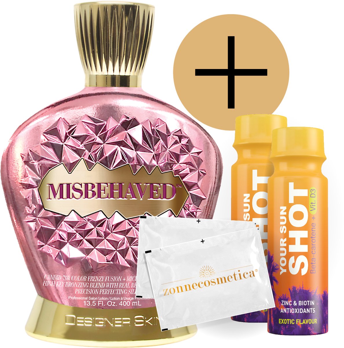 Designer Skin - Misbehaved + 2 Your Sun Shots + 2 Verfrissingsdoekjes