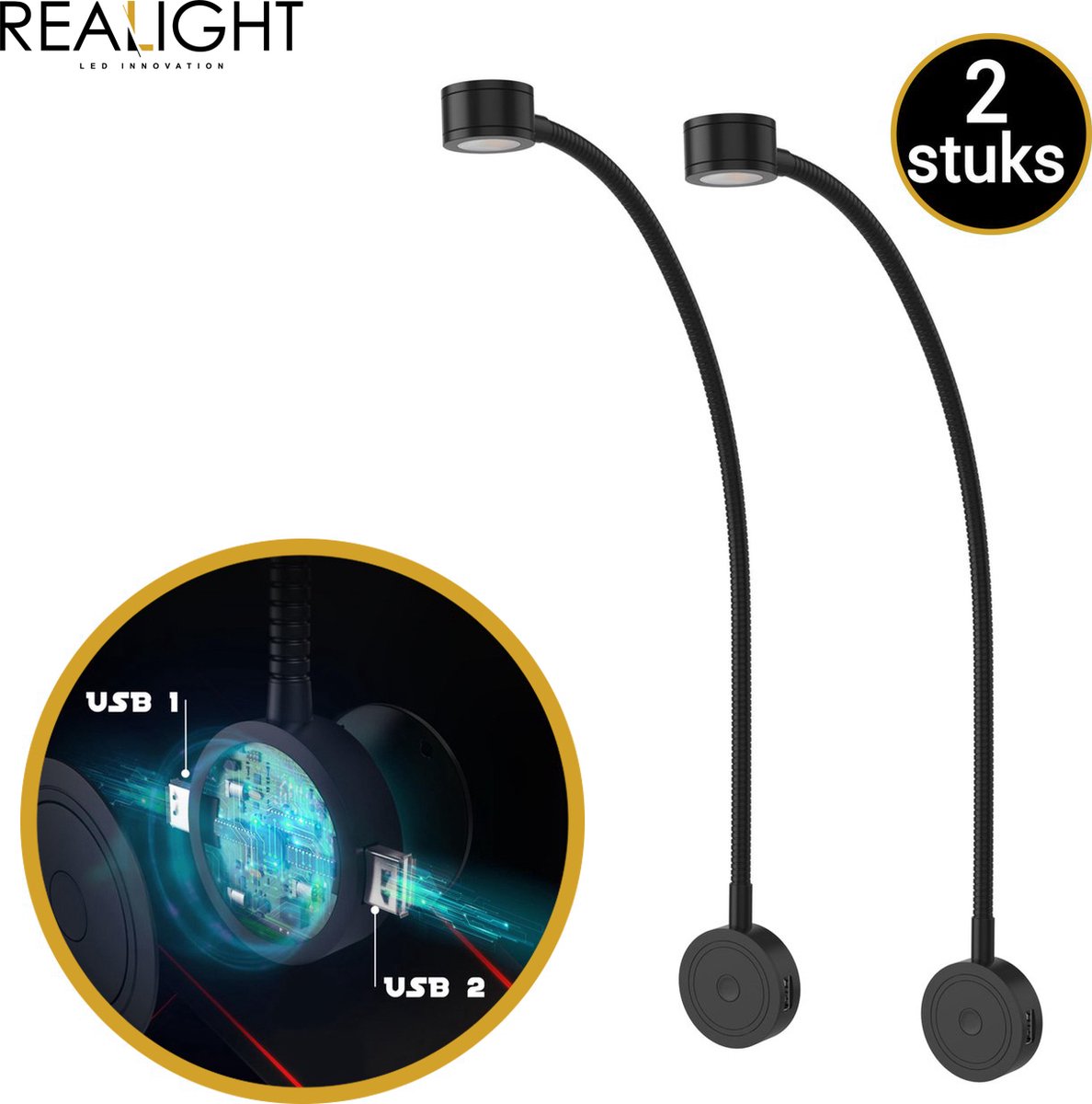 Realight Leeslampje voor in Bed met Dimfunctie - LED bedlampje voor Boek - Hoofdbord nachtlampjes Slaapkamer - 2 USB-poorten Bedraad - 360° Draaibaar - Zwart - 2 Stuks