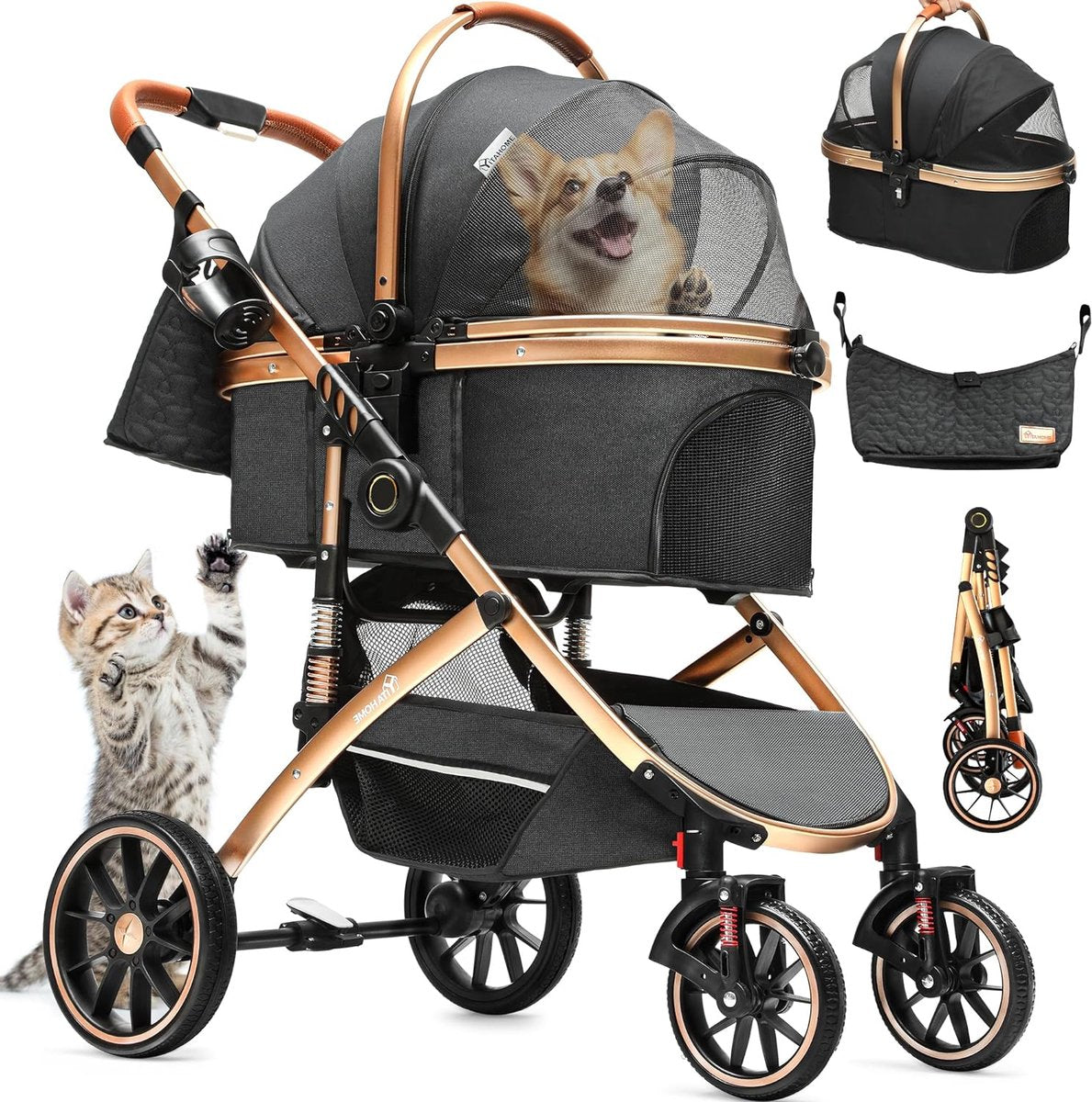 Hondenbuggy 3-in-1 tot 20 kg inklapbaar voor kleine honden en katten - Opvouwbare kinderwagen (zwart)