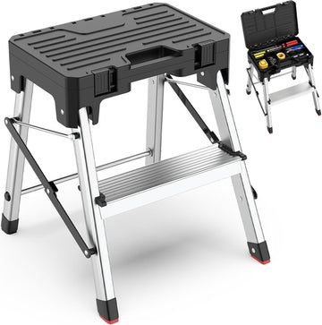 Vouwladder, aluminium trapladder, 2-in-1 opstapkruk met opbergruimte voor gereedschap, draagbare klapkruk, huishoudladder, tot 150 kg belastbaar, 2 treden