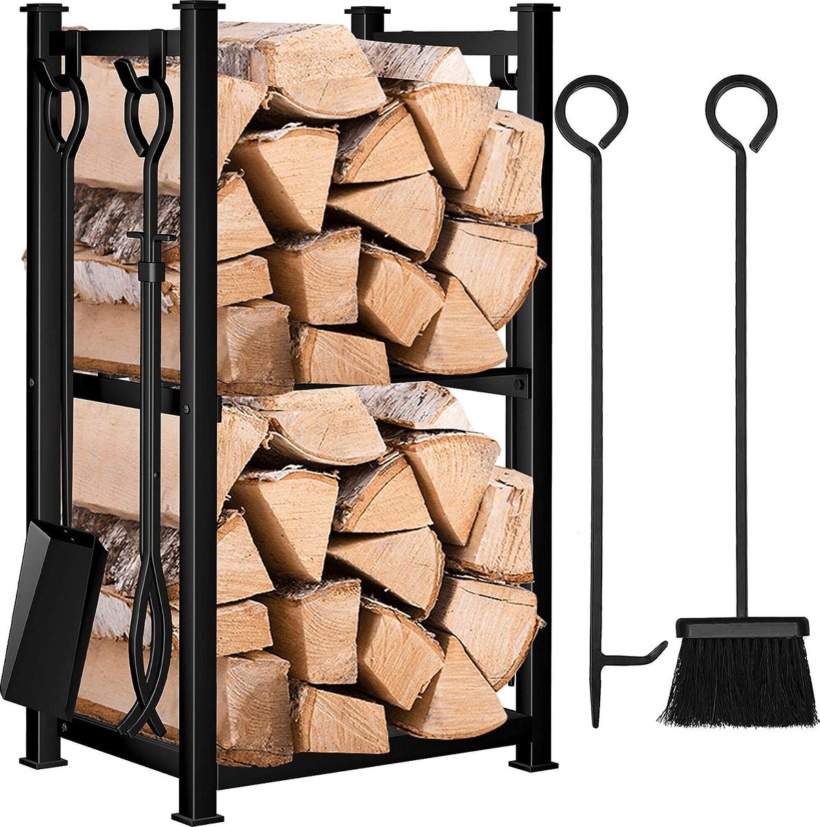 Haardhoutrek met 4 haardgereedschap, 72 x 46 x 30 cm, voor binnen, brandhoutstandaard, voor buiten, houten rek, 2 planken, smeedijzer, brandhoutrek