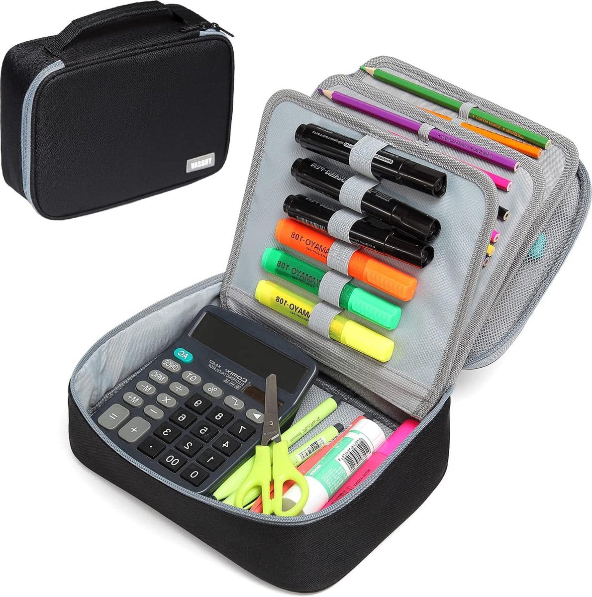 Etui Groot,Etui Dubbele Rits Etui Grote Capaciteit voor Kleurpotloden Stiften Pennen Potloden voor Meisjes Jongen Volwassen School Werk,Zwart
